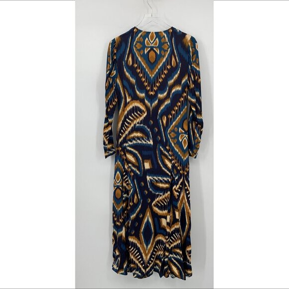 Farm Rio Pineapple Ikat navy blue maxi dress silky zipper yellow long new Small - Picture 5 of 6